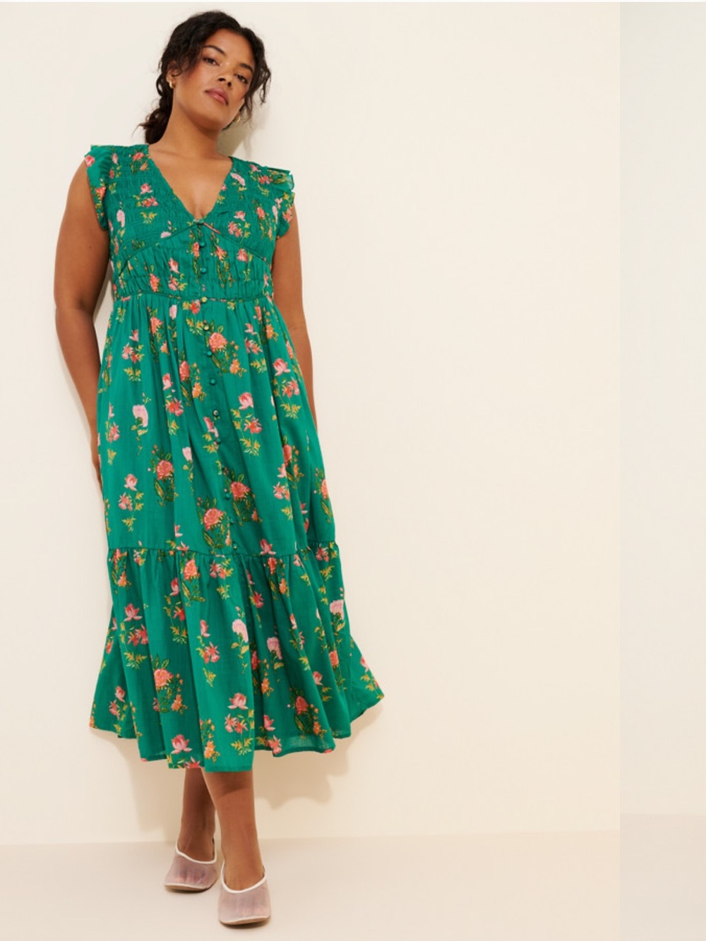Anthropologie Emerald Green Floral V-Neck Tiered Midi Dress